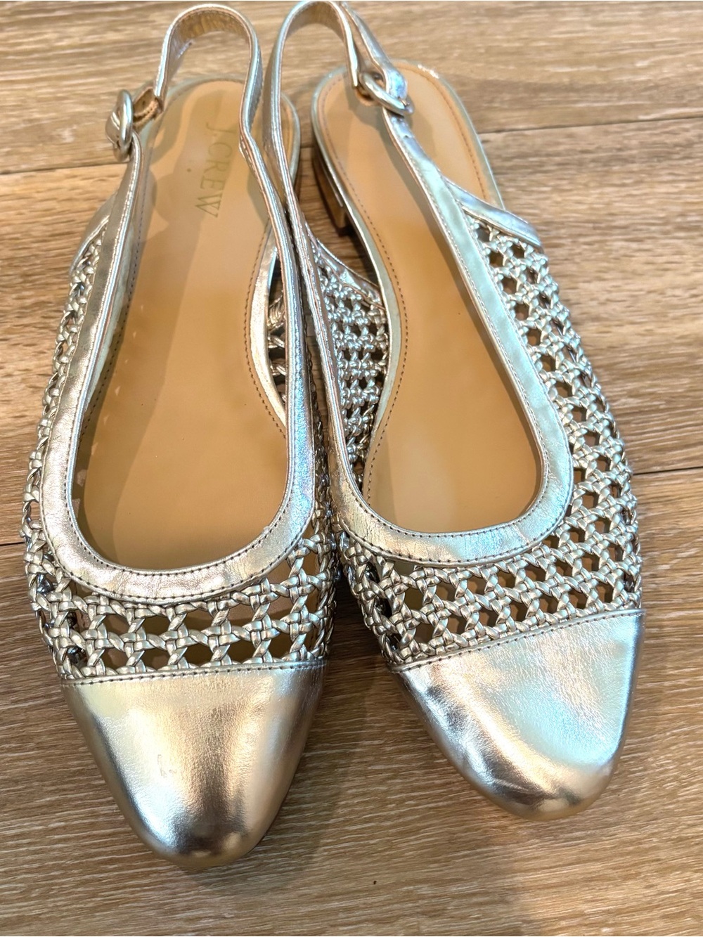 J.Crew Metallic Gold Woven Slingback Pointed Flats Sz 9 Faux Leather Balletcore